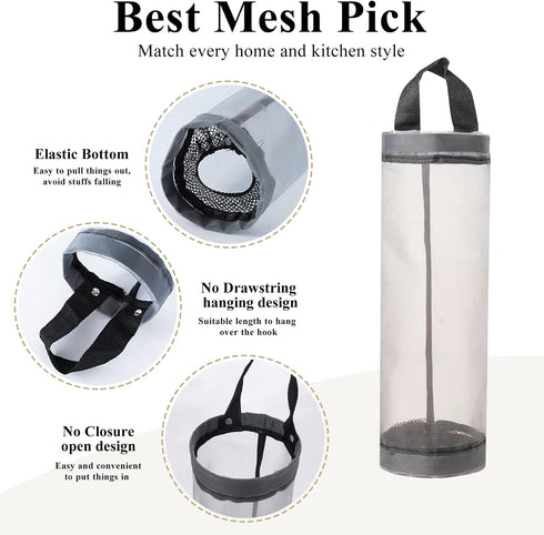 Plastic Bag Holder, Mesh Grocery Bag Dispenser, Hanging Storage Bag (Grey 2 Packs)
