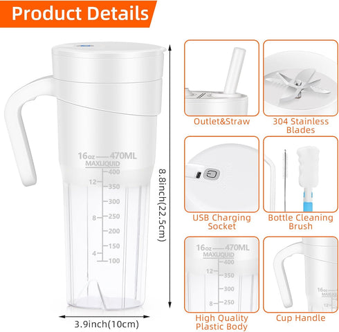 Portable Blender for Shakes and Smoothies, 16 Oz Personal Size Blender with 6 Blades, USB Rechargeable for Travel,