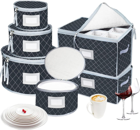 VERONLY China Dinnerware Storage Containers Set, Quilted Box Bins with Dividers for Cups, Plates, Stemware, Moving Set