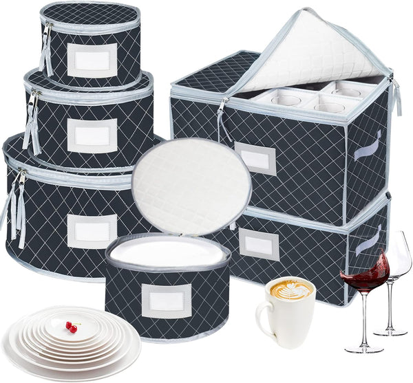 VERONLY China Dinnerware Storage Containers Set, Quilted Box Bins with Dividers for Cups, Plates, Stemware, Moving Set