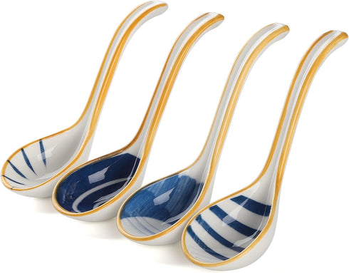 Soup Spoon Set of 4 Japanese and Korean Curved Handle Ceramic Ramen Soup Spoon for Pho Miso Salad Dessert Thai (Style 2)