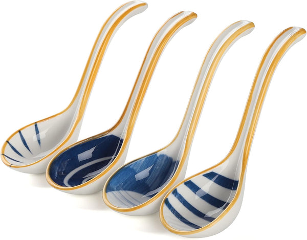 Soup Spoon Set of 4 Japanese and Korean Curved Handle Ceramic Ramen Soup Spoon for Pho Miso Salad Dessert Thai (Style 2)