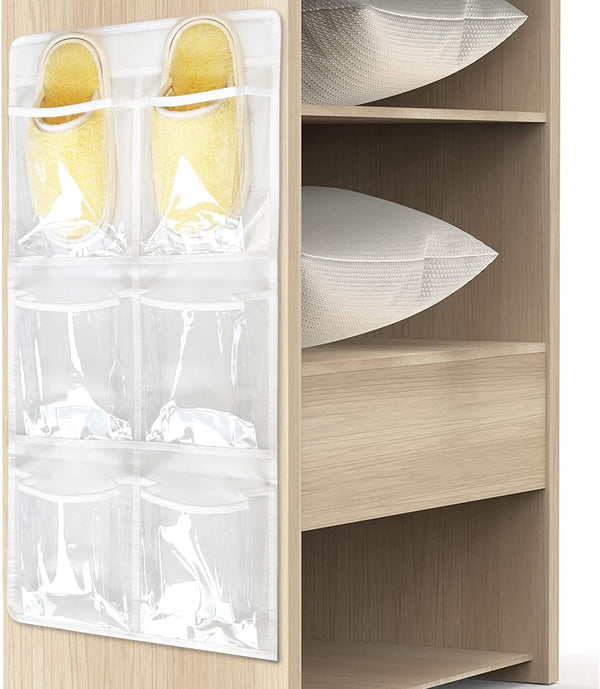 2 Pack 6 Clear Crystal Pockets Large Hanging Shoe Organizer: Over The Door Rack with 4 Hooks, White (30'' x 13.8'')