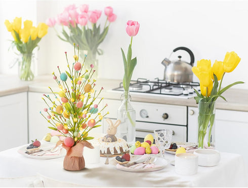 18 Inch Summer RoseCraft Easter Decorations, Artificial Pre-Lit Easter Egg Tree Tabletop Decor with Delicate Ornaments