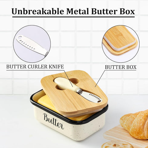 Butter Dish with Lid and Curler Knife, Unbreakable Metal Keeper Container for Kitchen Farmhouse Decor, Speckled White