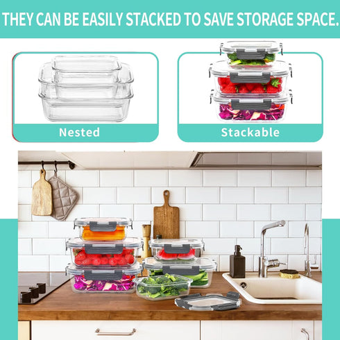 Skroam Glass Food Storage Containers 10 Pack - Airtight, BPA Free, Leak Proof Meal Prep Set for Lunch & Pantry