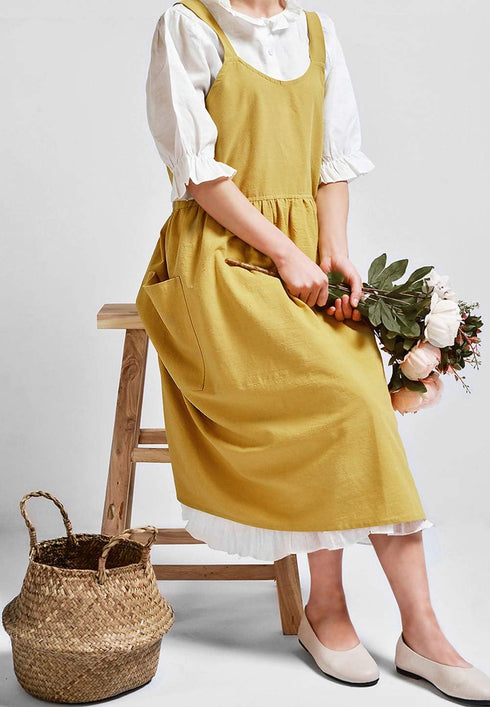 NEWGEM Cotton Linen Cross Back Apron for Women with Pockets, Yellow, for Cooking and Cleaning, No Waist Ties