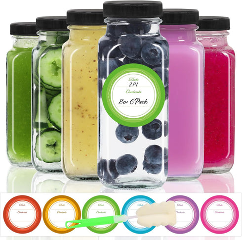 STARSIDE 8 oz Glass Juice Bottles with Lids - 6 Pack Reusable Drink Bottles for Juicing, Kombucha, Beverages