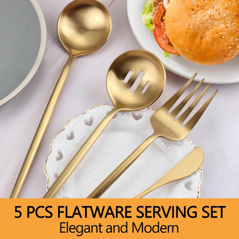 Large Serving Utensils Set, 5 Pcs Stainless Steel Gold Utensils with 10.8 Inch Fork, 10.3 Inch Spoon, Slotted Spoon,