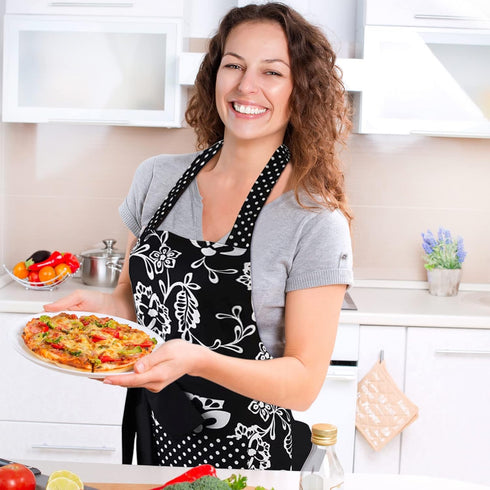 G2PLUS Vintage Floral Kitchen Apron for Women, Black Pleated Hem Cooking Apron with Pocket, 29 x 21 inch