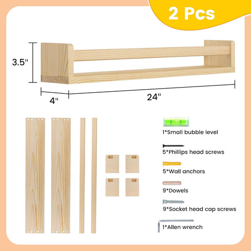 24Inch Set 2 Fun Memories Nursery Book Shelves, Floating Shelf for Wall, Wall Bookshelf for Kids Solid Wood Wall