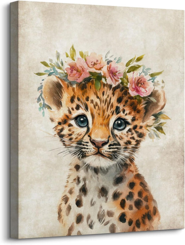 Nursery Wall Decor Lovely Baby Leopard with Garland Pictures Print on Canvas