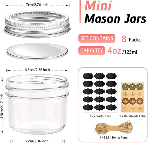 TUZAZO Small Mason Jars 8 Pack, 4 oz Mini Glass Mason Jars with Lids and Labels, Small Glass Canning Jars for Jelly Spice Herbs Honey Jam Storage