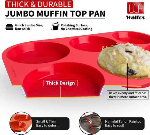 Walfos Silicone Muffin Top Pans - 4inch Jumbo Size Non-Stick Bakeware for Eggs, Hamburger Buns, Muffin Tops