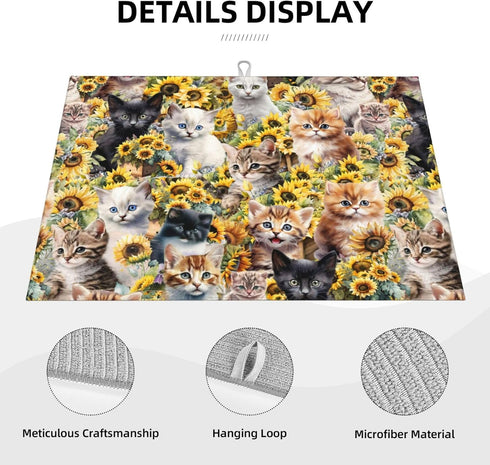 Cute Cat Dish Drying Mat, 18 x 24 Inch Microfiber Kitchen Countertop Absorbent Reversible Drainer Rack Pad for Kitchen