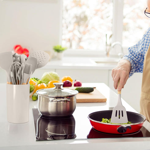 LIANYU 15-Piece Kitchen Cooking Utensils Set with Holder, Silicone Tools for Nonstick Cookware, Khaki