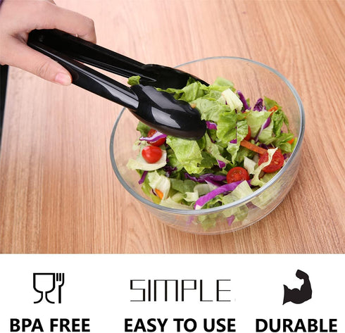 24 Pieces Black Plastic Salad Tongs, 9 Inch Heavy Duty Scalloped Kitchen Serving Utensils Set for BBQ and Buffets