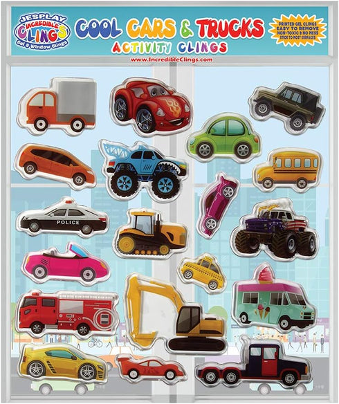 Cars Trucks & Construction Gel Window Clings for Kids - Window Stickers for Toddlers, Reusable Sticker