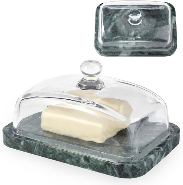 Koville Green Marble Butter Dish with Glass Lid for Countertop and Refrigerator