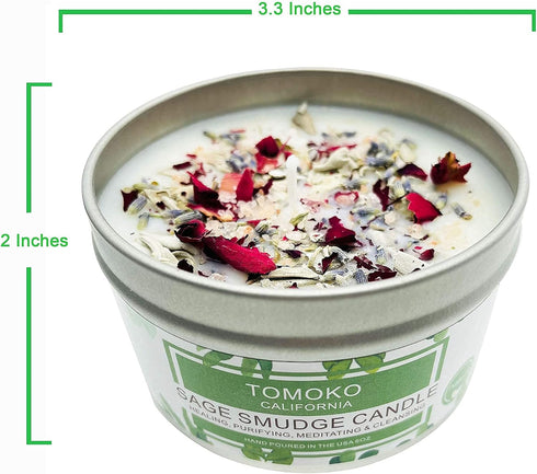 TOMOKO White Sage Candle with Sage Leaf, Rose, Lavender, Himalayan Salt & Essential Oil