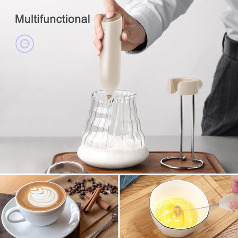 Rechargeable Coffee Frother by ELMWAY, Electric Milk Frother with Charging Stand & Wall Mount, Handheld Drink Mixer