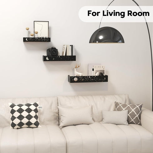 Set 3 Moon and Stars Wall Shelves Black, of Small Floating Shelves for Bedroom Living Room Wall Storage or Decor, Brown
