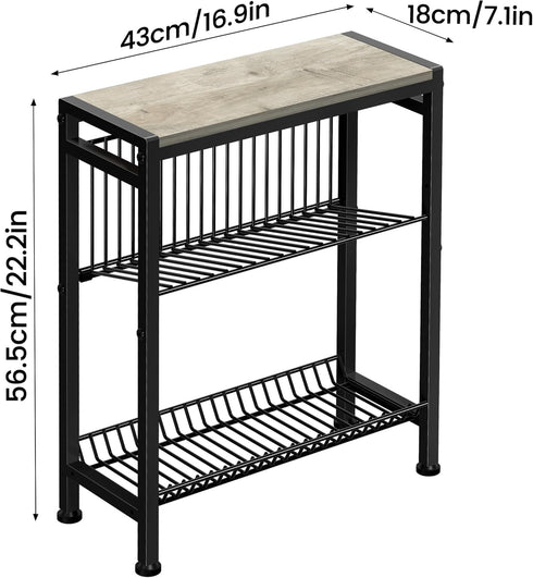 3-Tier Narrow Side Table for Small Space, End Table with Magazine Holder, Slim Nightstand with Wire Shelf, Skinny