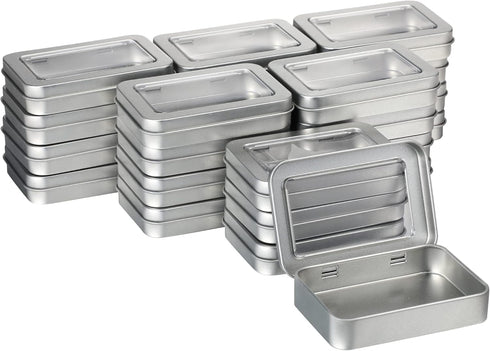 24 Pcs Rectangular Hinged Tins, Metal Storage Organizer with Clear Window for Candies, Mini Portable Containers