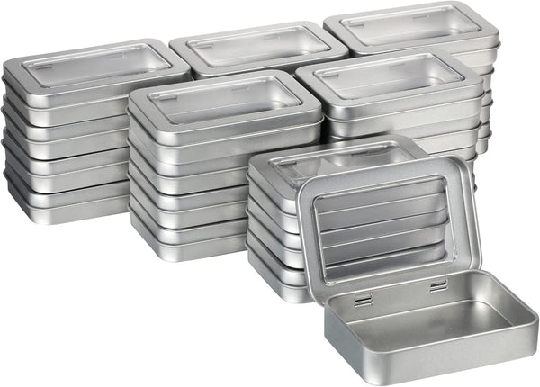 24 Pcs Rectangular Hinged Tins, Metal Storage Organizer with Clear Window for Candies, Mini Portable Containers