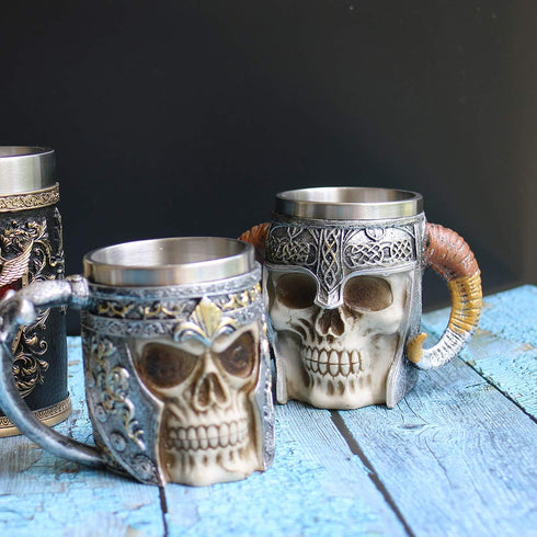 13oz Skull Coffee Mug, Viking Skull Beer Mugs with Stainless Steel Liner, Gift for Men, Father's Day Gifts
