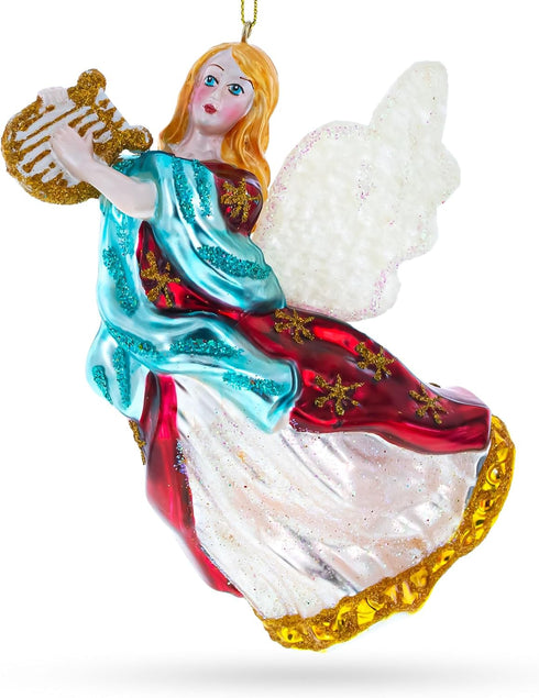 Angel Playing Music on Harp Blown Glass Christmas Ornament
