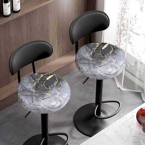 Sellikakes 12-14 Inches Set 2-Grey Round Bar Stool Seat Cover Cushion with Marble Rose Pattern Round Chair Covers