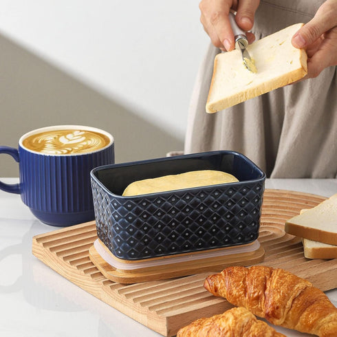Hasense Ceramic Butter Dish with Lid, Large Butter Container for Countertop Airtight Butter Stick Covered Keeper,Navy Blue Embossed Pattern,Easy Clean Dishwasher Safe