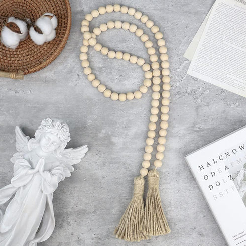 58in Farmhouse Beads Wood Bead Garland with Tassels, Rustic Decor for Farmhouse Tiered Tray Wall Decor (Natural Wood)