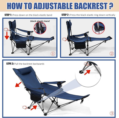Reclining Camping Chair with Removable Footrest, Adjustable Camping Lounge Beach Chair with Padded Headrest, Cup Holder