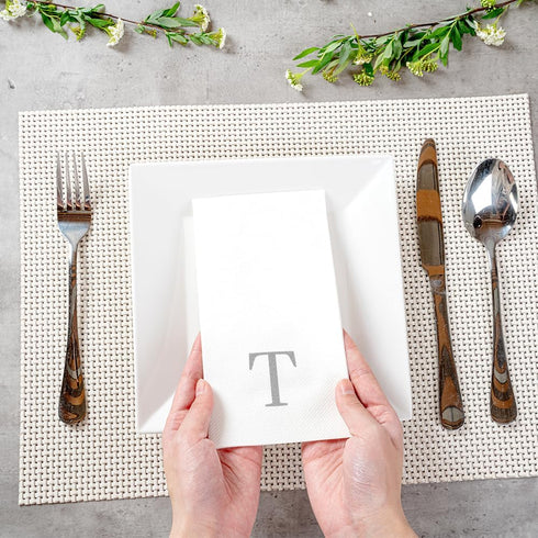 15.8 7.9 Inch 50 Luxenap X Linen-Feel Guest Towels, Lettered Hand Towels - Silver Letter 'T', Sans Serif Font, White