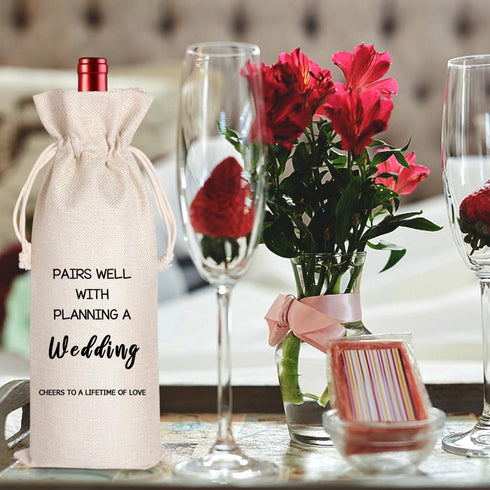 LANBAIHE Wedding Wine Bag, Linen Reusable Gift Bag for Bride and Groom Wine Gift
