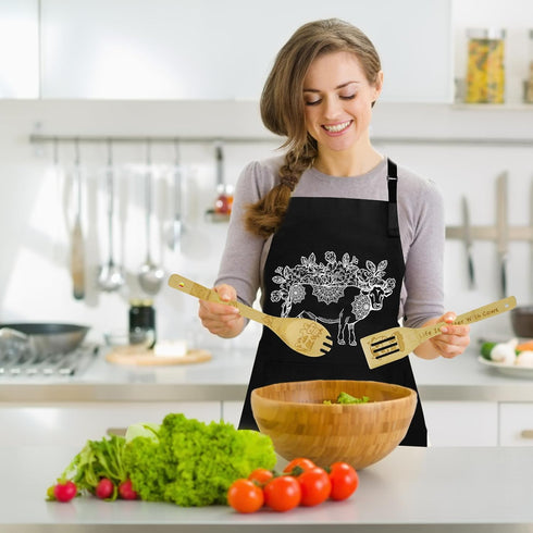 Cow Gifts for Women, Kitchen Decor Cooking Utensils Set include Unique Bamboo Cooking Spoons Apron, Personalized Christmas Mother's Day Housewarming Gift Idea for Mom Cow Lover