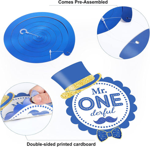 30 Pieces Mr Onederful Boys 1st Birthday Decorations - Blue and Gold Hanging Foil Swirls for Baby Boy First Birthday