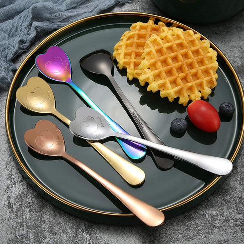 7 PCS Heart Shaped Stainless Steel Spoons, Coffee, Dessert, Ice Cream, Tea Spoons, Cute Holiday Gift (Multicolor)
