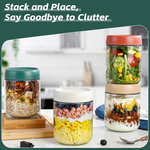 Lids,16oz Set 4, DIMBRAH Overnight Oats Containers with Glass Jars with Lids - Of Practical Oatmeal Container to Go