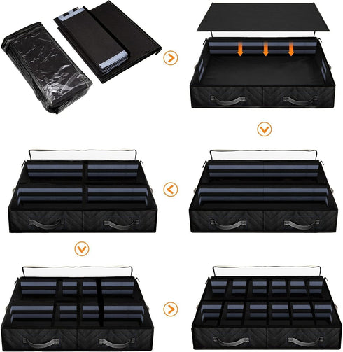 Under Bed Shoe Storage Organizer, Set of 2, Adjustable Dividers, Sturdy Zipper, Clear Window, Black