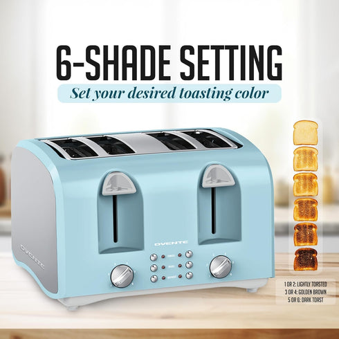 OVENTE 4-Slice Toaster with Extra Wide Slots, 6-Shade Browning Setting, 1400W Countertop Toaster, Light Blue TS4410LBL