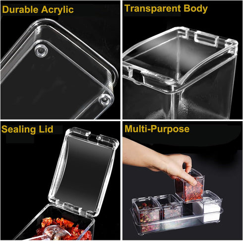 Clear Seasoning Box 4 PCS/Set, Acrylic Spice Rack with Spoon, Lid & Tray for Salt Pepper Sugar