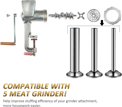 3 Pieces Sausage Stuffer Tubes - Stainless Steel Grinder Stuffer Tubes for Size 5 Meat Food Grinder