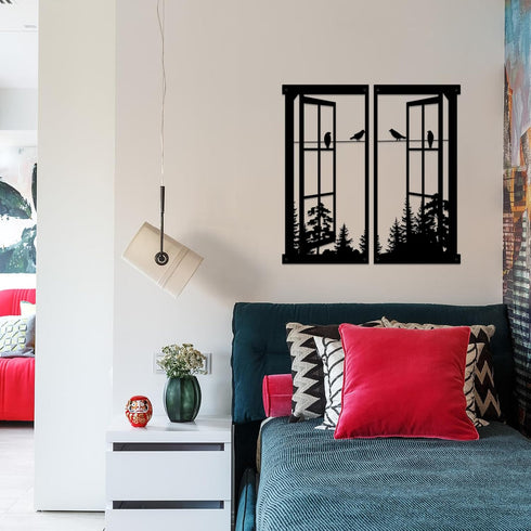 Resama Metal Wall Art, Birds In the Window Landscape Wall Hanger, Mountain and Forest Nature Decor, Unique Large Wall