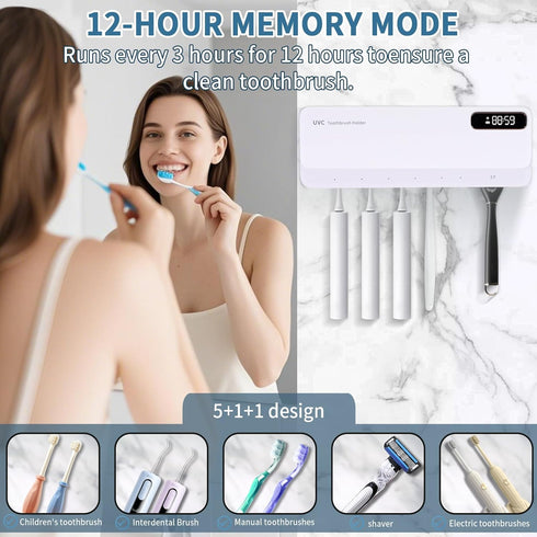 ZOZOO 99.9% Dry,Heating,5+1+1 Slots,12 UV Toothbrush Sanitizeri Holder with Cleaning,Air Hour Memory,Rechargeable Wall