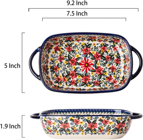 Red Daisy Flower Vintage Style Ceramic Bakeware Casserole Dish Baking Pan Lasagna Pans Baking Dish with Handles for Oven/Cooking/Kitchen-1 PCS, 22 OZ