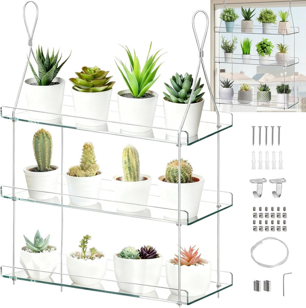 Tlence 3-Tier Hanging Clear Plant Shelves, Acrylic Window Flower Display Shelf, Height