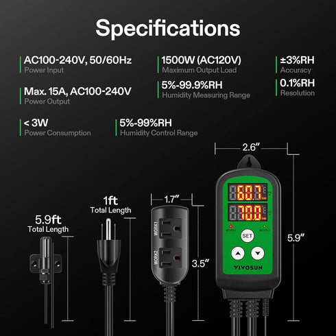 VIVOSUN 1500W Humidity Controller, Pre-Wired Digital Humidistat with Dual LED Displays, Ideal for Greenhouse, Grow